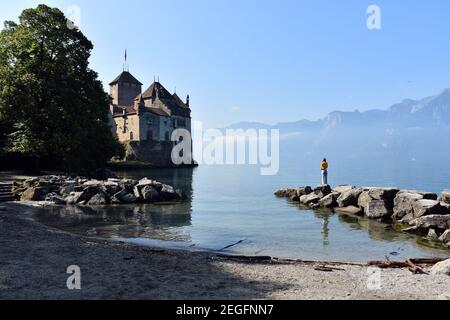 Montreux, Schweiz- 24. August 2019. Schloss Chillon am Genfer See Leman, Montreux Riviera, Schweiz. Stockfoto