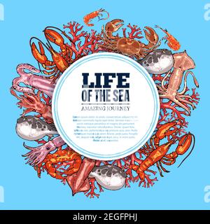 Sea Life Poster von Meeresfischen und Tieren. Vektor-Skizze Oktopus, Forelle oder Flunder und Tintenfisch in Korallen, Hummerkrabben oder Lachs auf Unterwasseralgen, Stock Vektor