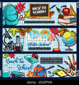 Back to School Skizzenbanner von Schultasche, Erdkugel oder Biologie Mikroskop und Chemie Fläschchen, Buch und Schreibwaren Bleistift, Lineal oder Ahornblatt Stock Vektor