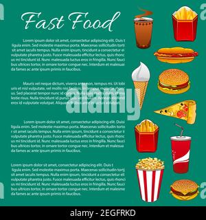 Fast Food Poster Vorlage auf Fastfood Mahlzeiten Ernährung. Vektor Ernährung Infografiken von Burgern und Sandwiches, pommes frites Snack, Popcorn und Eis cr Stock Vektor