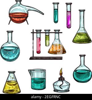 Chemie-Becher und chemische Testfläschchen skizzieren Symbole für die wissenschaftliche Technologie und wissenschaftliche Forschung. Vector isolierter Satz von chemischen Röhrchen für Chemien Stock Vektor