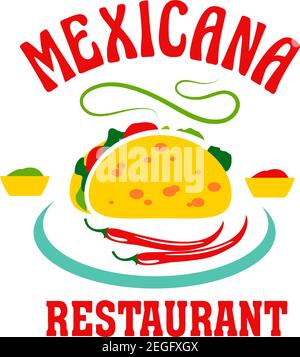 Mexikanische Restaurant Ikone der Jalapeno Chili roten Pfeffer und Tacos Snack oder Burrito. Vektor isoliert Symbol der mexikanischen traditionellen Sandwich-Snack oder Mahlzeiten Stock Vektor