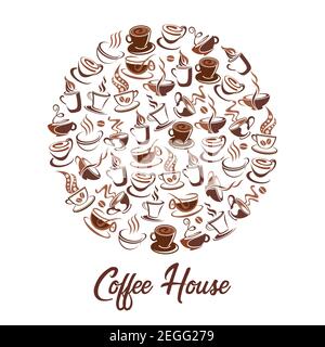 Kaffeehaus rundes Poster mit Kaffeetassen mit Dampfsymbolen für Café- und Cafeteria-Design. Vector dampfende Tasse mit Americano, Espresso oder Latte und Cappucci Stock Vektor