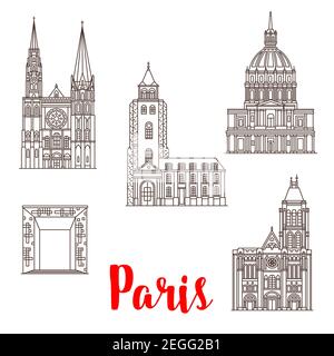 Paris berühmte Reise Wahrzeichen Gebäude und Architektur Sehenswürdigkeiten Linie Symbole. Vector Set von Les Invalides Hotel, Notre-Dame de Chartres Kathedrale, S Stock Vektor