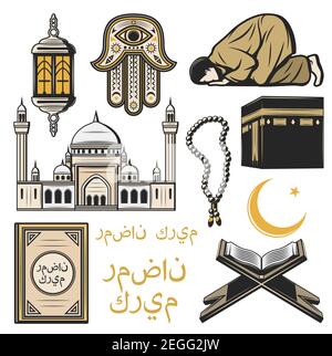 Islam Ikone der muslimischen Religion und arabischen Kultur Symbol. Halbmond, Stern und Ramadan Laterne, Moschee, Heiliger Koran und arabische Kalligraphie, Mekka Kaa Stock Vektor