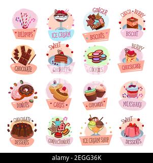 Konditorei Cupcakes und Desserts Symbole für Patisserie Menü Vorlage. Vector isolierte Süßigkeiten von Schokolade Tiramisu Kuchen oder Karamell Donut und Brownie m Stock Vektor