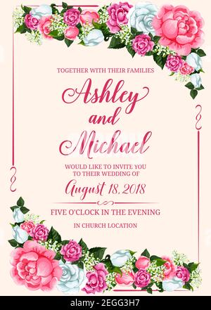 Rose Blume Rahmen der Hochzeit Einladung Banner Vorlage. Hochzeitsfeier laden Karte Design mit rosa und weißen Blumenrand von Rose, Pfingstrose und Stock Vektor