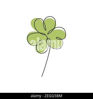 Vektordarstellung des irischen Symbols des St. Patrick Day. Kontinuierliche Linienzeichnung des Kleeblattes. Minimalismus im Design mit grüner Farbe Stock Vektor