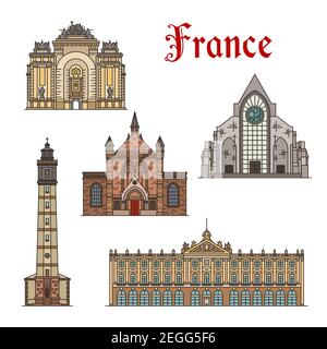 Frankreich berühmte Reise Wahrzeichen Gebäude und Marseilles Architektur Sehenswürdigkeiten Fassaden Ikonen. Vector Set oder Notre Dame de Treille in Lille und Calais Stock Vektor