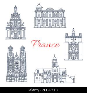 Frankreich berühmte Reise Wahrzeichen Gebäude und Marseilles Architektur Sehenswürdigkeiten Linie Symbole. Vector Set von St. Peter Basilika in Saumur, Fontevraud abb. Stock Vektor