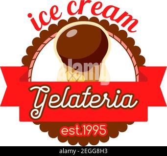 Eisdiele oder Gelateria Icon Design für Fast Food Dessert Cafe oder Candy Cafe Bistro-Menü. Vektor-Vorlage von Schokolade Eis Schaufel in Wafer Co Stock Vektor