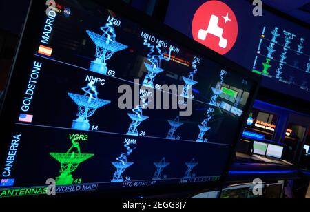 Pasadena, Vereinigte Staaten Von Amerika. Februar 2021, 18th. Monitore zeigen den Status des NASA Deep Space Network vor der Perseverance Mars Rover Landung in der Missionskontrolle am NASA Jet Propulsion Laboratory 18. Februar 2021 in Pasadena, Kalifornien. Der Perseverance Mars Rover soll am 18. Februar auf dem Mars landen, um nach Zeichen des alten mikrobiellen Lebens zu suchen. Quelle: Planetpix/Alamy Live News Stockfoto