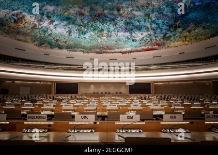 Konferenzraum für Menschenrechte und Allianz der Zivilisationen - Büro der Vereinten Nationen - Genf, Schweiz Stockfoto
