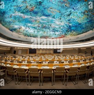 Konferenzraum für Menschenrechte und Allianz der Zivilisationen - Büro der Vereinten Nationen - Genf, Schweiz Stockfoto