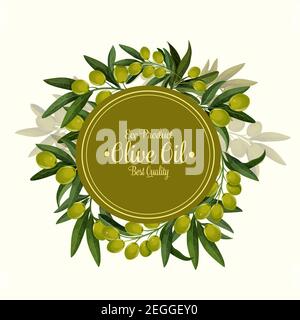 Öko Produkt Oliven Poster für Olivenöl Bio-Naturprodukt. Vektor-Design von grünen Olivenfrüchten und Blätter für beste Qualität Olivenöl extra virgi Stock Vektor