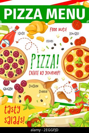 Pizza-Menü für Fast-Food-Restaurant oder italienische Pizzeria Vorlage. Pizza Kruste mit Tomatensauce, Käse und Salami Wurst Zutat, pommes frites und Stock Vektor