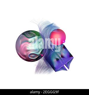 Geometrische mehrfarbige Formen unterschiedlicher Textur isoliert auf weißem Hintergrund. , 3D Rendering. Stockfoto