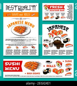 Sushi Bar Menü Banner oder Poster Vorlagen Set für japanische Meeresfrüchte Restaurant Küche. Vector Sushi-Rollen, grüner Tee oder Tempura Garnelen und Fisch, salmo Stock Vektor