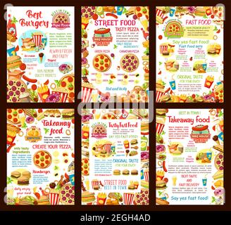 Fast Food Restaurant Vektor Poster oder Menü Vorlage Design für Burger, Sandwiches oder Desserts und Pizza. Street Food Snacks und Mahlzeiten von Hot Dog und Stock Vektor