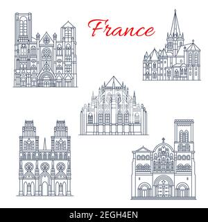 Französische römisch-katholische Kirche Reise Wahrzeichen dünne Linie Symbol gesetzt. Kathedrale St. Lazarus von Autun, Abtei Vezelay und Kathedrale St. Etienne, Nevers und Stock Vektor