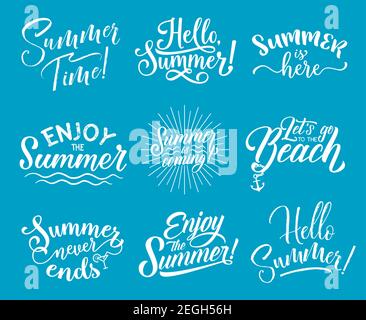 Sommersaison Schriftzug für Sommerferien Feier, Urlaubsreise und Strand Party Karte. Hallo Sommer Kalligraphie Zitat, verziert mit Meer w Stock Vektor