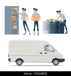 Postzustellung und Postmann arbeiten flache Symbole. Vector isolierte Mailman Sortierung Briefe Umschläge und Pakete in Postamt oder Postfächer für Deliv Stock Vektor