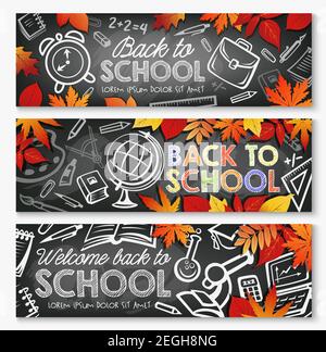 Zurück zu Schule September Schulzeit Banner von Schulunterricht Schreibwaren und Bücher. Vektor Schultasche, Geographie Globus oder Biologie Rechner, pe Stock Vektor