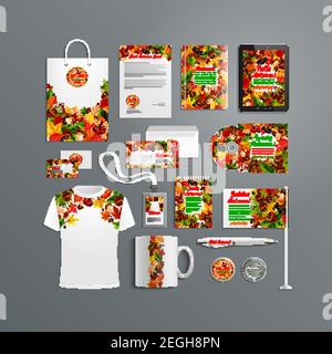 Herbstdesign Corporate Identity Vorlagen von Markenartikeln oder Promo-Schreibwaren mit Herbstblatt auf Umschlag, Abzeichen oder Stift und Becher. Hallo Herbst quot Stock Vektor