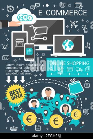 E-Commerce-Technologie-Banner für Online-Shopping und Internet-Business-Konzept. Computer, Laptop, Handy und Tablet mit Einkaufswagen, Geld und Stock Vektor