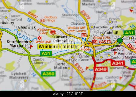 Wimborne Minster und Umgebung auf einer Straßenkarte dargestellt Oder geografische Karte Stockfoto