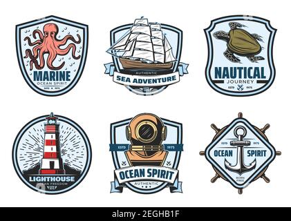 Sea Adventure Vintage Label von nautischen heraldischen Design. Seeanker, Helm und Segelschiff, Leuchtturm, Meeresschildkröte und Oktopus, alter Tauchhelm A Stock Vektor