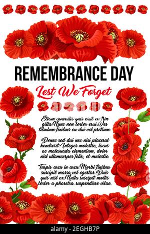 Kreatives Design für Remembrance Day mit roten Mohnblumen isoliert auf weißem Hintergrund. Roter Text, damit wir nicht vergessen. Konzept der Ehre der Soldaten getötet in Stock Vektor