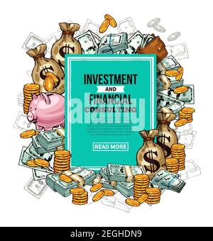 Skizzenposter für Investitions- und Finanzberatung. Vektor-Design von Geldbeutel mit Banknoten und Münzen, Sparschwein für die Finanzierung und Markt in Stock Vektor