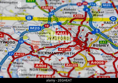 Watford und Umgebung auf einer Straßenkarte oder dargestellt Geografische Karte Stockfoto