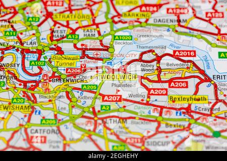 Woolwich und Umgebung auf einer Straßenkarte oder dargestellt Geografische Karte Stockfoto