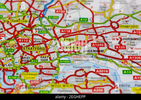 Barking in London und Umgebung auf einer Straße gezeigt Karte oder geografische Karte Stockfoto