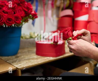 Blumenhändler, der Blumenbox mit roten Rosen auf dem Tisch macht, rote Rosen im Tank auf dem Hintergrund Stockfoto