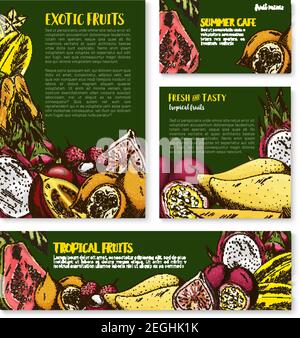 Exotische tropische Früchte Poster und Banner Vorlagen für Farm-Markt. Vektorskizze von Guava, Durian oder Papaya und Rambutan, Drachenfrucht oder Mangostee Stock Vektor