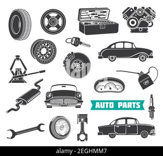 Vektorsatz für automatische Teile. Kfz-Wartungsschilder, Schraubenschlüssel und Getriebe, Scheinwerfer oder Reifen, Schlüssel und Schraubenschlüssel. Kfz-Reparatur-Service-Etiketten, isoliert auf weißem Hintergrund. Stock Vektor