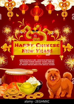 Chinesisches Neujahr des Gelben Hundes 2018 Grußkarte des goldenen Drachen in Feuerwerk auf rotem chinesischen Hintergrund. Vector traditionelle China Lunar Urlaub Cele Stock Vektor