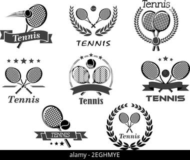 Tennis Sport Club Vektor-Symbole für Mannschaftsturnier oder Meisterschaftsspiele eingestellt. Isolierte Symbole des Tennisballs und gekreuzte Schläger mit Lorbeerkranz o Stock Vektor