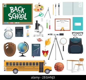 Zurück zur Schule Symbol Satz von Bildungsmaterialien und Artikel. Bleistift, Lineal und Buch, Stift, Student Rucksack und Schere, Notizbuch, Farbe und Buntstift, calcu Stock Vektor