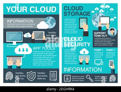Business Cloud Computing-Poster für Netzwerk- und Datenspeichertechnologie-Konzept. Sicherer Cloud-Speicher mit verbundenen Computern, Laptops und mobilen Geräten Stock Vektor