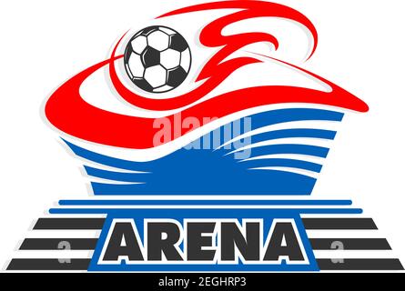 Design-Vorlage für Fußballarena oder Fußballstadion für die Weltmeisterschaft. Vector isolierter Fußball mit roten Flügeln auf blauer Arena für tournam Stock Vektor