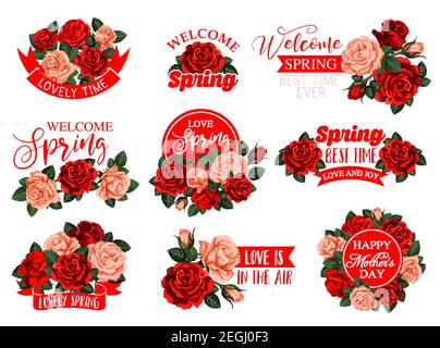 Muttertag Urlaub und Frühling Blumen und Bänder Symbole für saisonale Grußkarte Design. Vector isolierte Set von roten und rosa Rosen Bunches für Stock Vektor