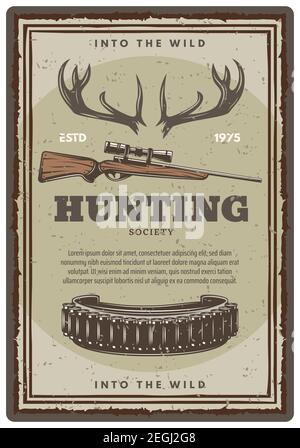 Hunter Club oder Jagd Open Season Skizze Poster von Jäger Gewehr und Elch Geweih Trophäe. Vektor-Design von Schrotflinte Kugel Clip auf vintage Grunge BA Stock Vektor
