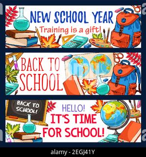 Back to School Banner Skizze Design von Schultasche oder Lektion Briefpapier. Vector School Jahr Biologie Mikroskop oder Geometrie Algebra Lineal und Geographie Stock Vektor