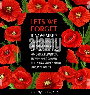 Gedenktag Plakat für Lest we forget 11 November Mohn Blume Grußkarte. Vektor-Design für Commonwealth Waffenstillstand Gedenken und Freiheit r Stock Vektor