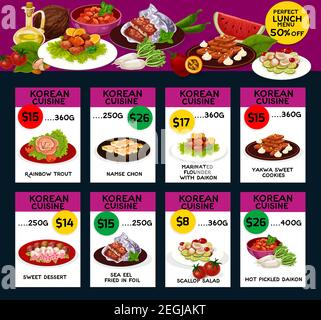 Koreanische Küche Bunte Speisekarte mit Beispielen von Gerichten und Preisen. Regenbogenforelle und namse chon, marinierte Flunder, Dessert oder Yakwa Cookies und Meer ee Stock Vektor