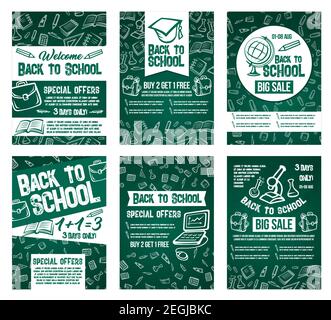 Back to School Verkauf Poster Set für große spezielle saisonale Schule Promo-Rabatt-Angebot. Vektor Web-Banner Verkauf Vorlage Design von Schulbedarf und s Stock Vektor